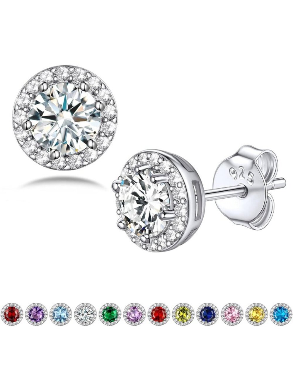 Sparkling 925 Sterling Silver Birthstone Stud Earrings for Women - Heart, Round